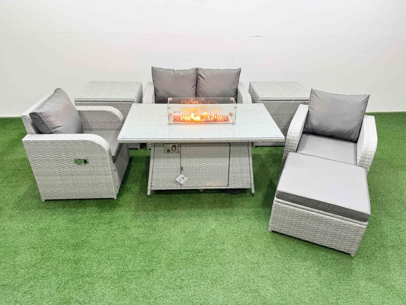 Fimous Light Grey PE Wicker Rattan Garden Furniture Set Sofa Set Reclining Chair Firepit Dining Table 5 Seater With Footstool 2 Side Table