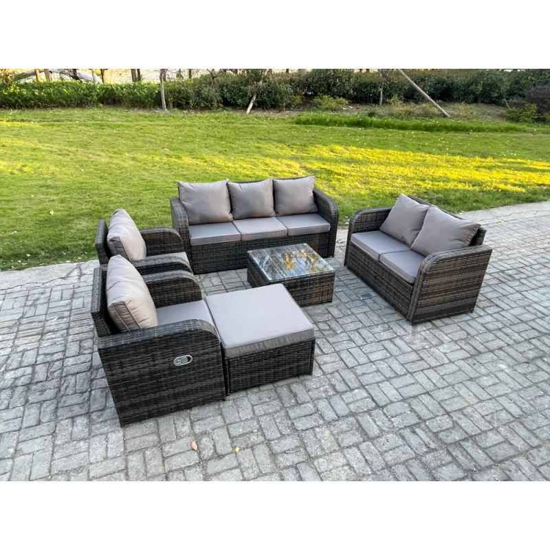 Fimous 8 Seater Garden Furniture Set Rattan Outdoor Lounge Sofa Chair With Tempered Glass Table Big Footstool Dark Grey Mixed