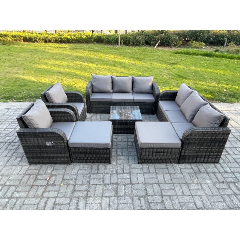 Fimous 10 Seater Outdoor Rattan Garden Furniture Set Conservatory Patio Sofa Coffee Table With 2 Big Footstool Dark Grey Mixed