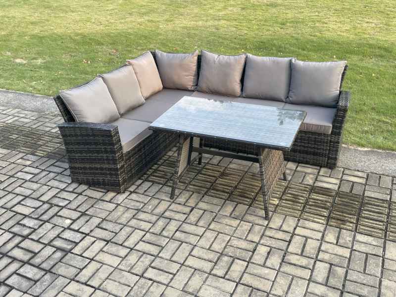 Fimous Outdoor Furniture Garden Dining Set Rattan Corner Sofa Set Rectangular Dining Table Dark Grey Mixed