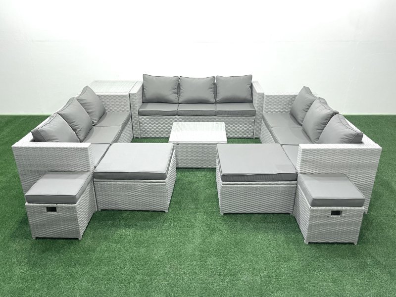 Fimous Garden Outdoor Furniture Set 14 Seater Rattan Sofa Set with Side Table 4 Footstools Light Grey Mixed
