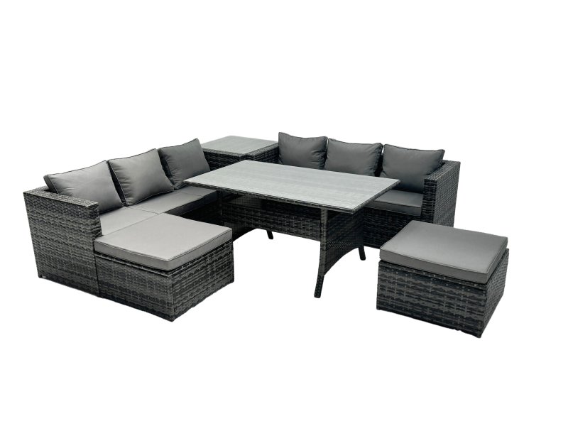Fimous Outdoor Dining Table Sofa Set with Side Table Big Footstool Garden Furniture Set Dark Grey Mixed