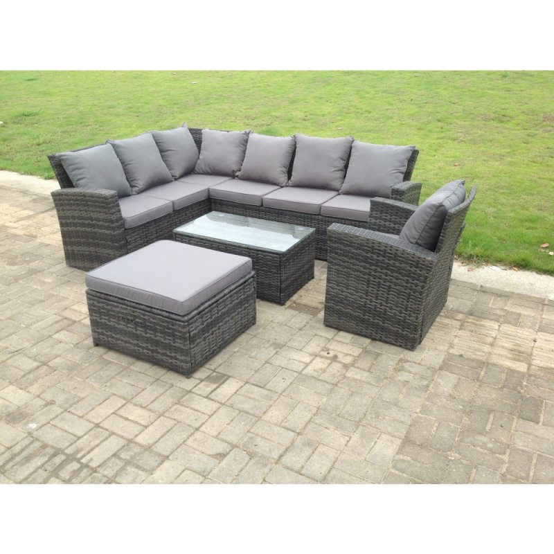 Fimous 8 Seater High Back Rattan Garden Furniture Set Corner Sofa With Oblong Coffee Table Big Footstool