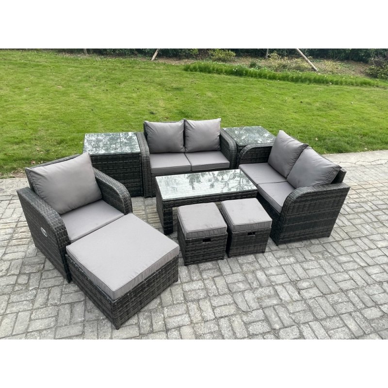 Fimous 8 Seater Rattan Outdoor Garden Furniture Sofa Set Patio Table & Chairs Set with 2 Side Tables 3 Footstools Dark Grey Mixed