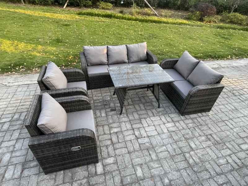Fimous 7 Seater High Back PE Rattan Sofa Set Outdoor Garden Furniture Dining Table Set With Reclining Chair 3 Seater Sofa Love Sofa
