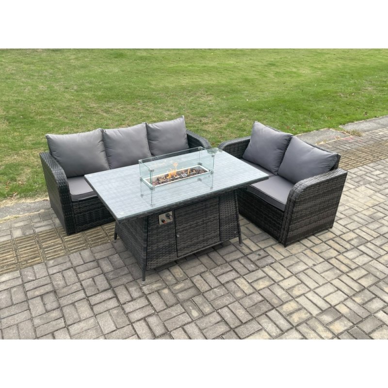 Fimous Rattan Garden Furniture Set with Gas Fire Pit Table 3 Pieces Outdoor Lounge Sofa Set Dark Grey Mixed