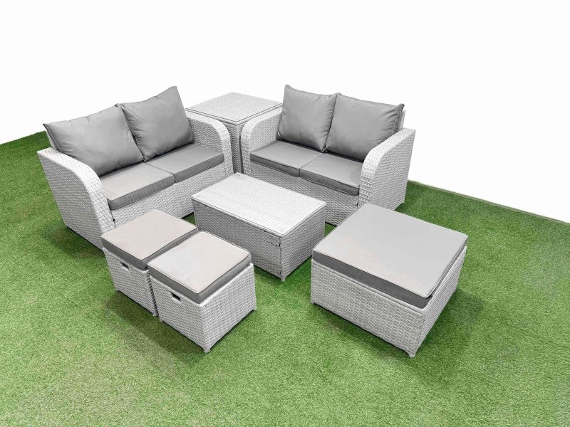 Fimous 7 Seater Outdoor Love Sofa Set Rattan Garden Furniture Set with Rectangular Coffee Table 3 Footstool Side Table Light Grey