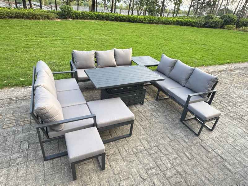 Fimous Aluminum Outdoor Patio Furniture Set Modern Patio Conversation Sets with Adjustable Rising Lifting Dining Table 3 Footstools Dark Grey