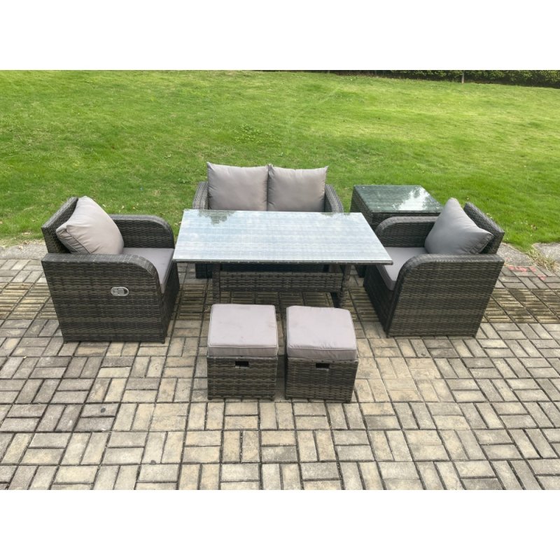 Fimous Outdoor Rattan Garden Furniture Lounge Sofa Set With Oblong Rectangular Dining Table 2 PC Reclining Chair Side Table 2 Small Footstool