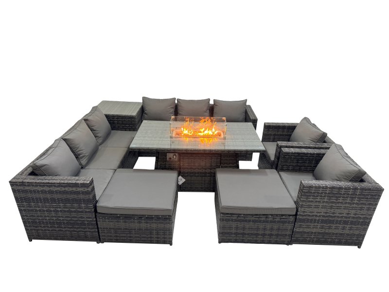 Fimous 10 Seater Garden Outdoor Rattan Furniture Set Patio Corner Sofa Gas Firepit Dining Table with Side Table 2 Big Stools Dark Grey