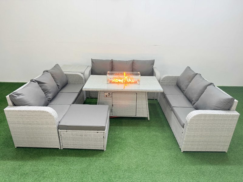 Fimous PE Rattan Lounge Sofa Set 10 Seater Outdoor Garden Furniture Set with Firepit Dining Table 3 Seater Sofa Big Footstool Side Table Light Grey
