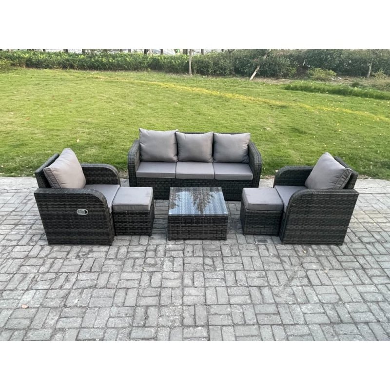 Fimous Garden Furniture Sets Wicker Rattan Furniture Patio Sofa Sets with Reclining Chair 3 Seater Sofa 2 Small Footstools Dark Grey Mixed
