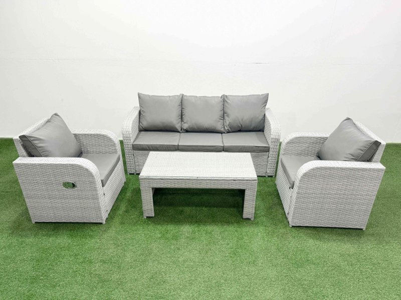 Fimous PE Rattan Garden Furniture Set Reclining Chair Sofa Lounge Sofa Set Rectangular Coffee Table Light Grey