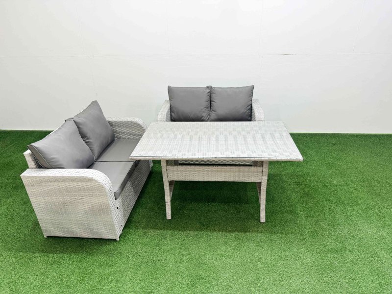 Fimous 4 Seater Outdoor Love Sofa Set Rattan Garden Furniture Set with Rectangular Dining Table Light Grey