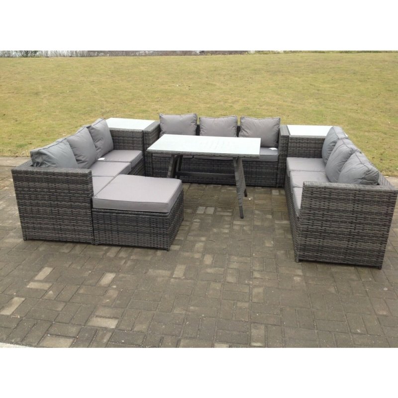 Fimous 10 Seater U Shape Rattan Sofa Set Outdoor Garden Furniture Patio Dining Table Dark Grey Mixed