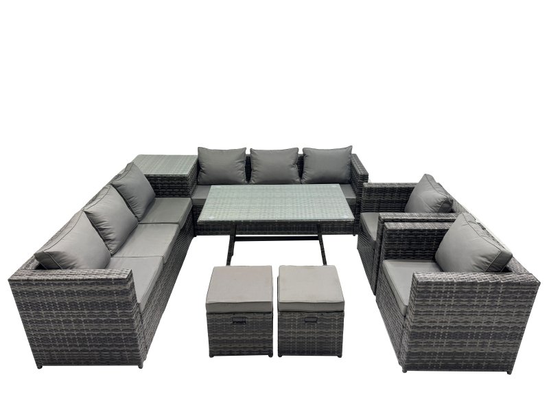 Fimous Outdoor Corner Sofa Chair Dining Table Set Garden Rattan Furniture Set 10 Seater with 2 Small Stool Side Table Dark Grey