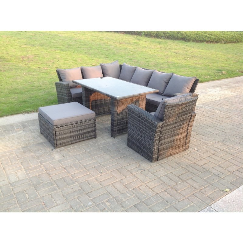 Fimous 8 Seater High Back Rattan Garden Furniture Set Corner Sofa With Black Tempered Dining Table Footstool With Arm Chair