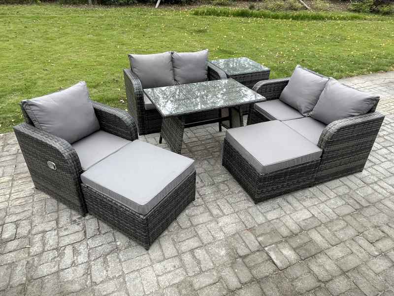 Fimous 7 Seater Outdoor Garden Dining Sets Rattan Furniture With Dining Table Armchairs Love Sofa 2 Big Footstool Side Table Dark Grey Mixed
