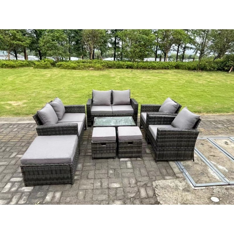Fimous 9 Seater Dark Grey Mixed High Back Rattan Sofa Set Oblong Coffee Table Garden Furniture Outdoor Patio