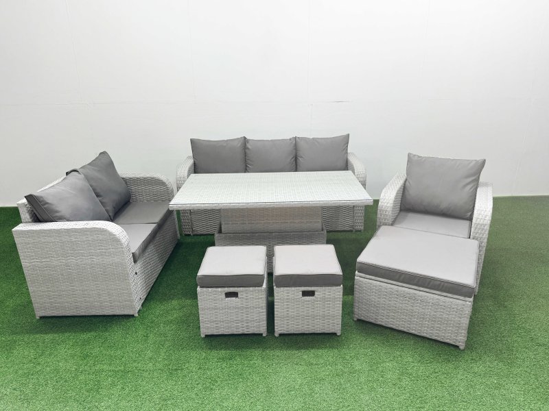Fimous Patio PE Wicker 9 Seater Outdoor Rattan Furniture Sofa Sets with Adjustable Lifting Dining or Coffee Table Reclining Chair Loveseat Sofa 3 Seater Sofa Stool Light Grey