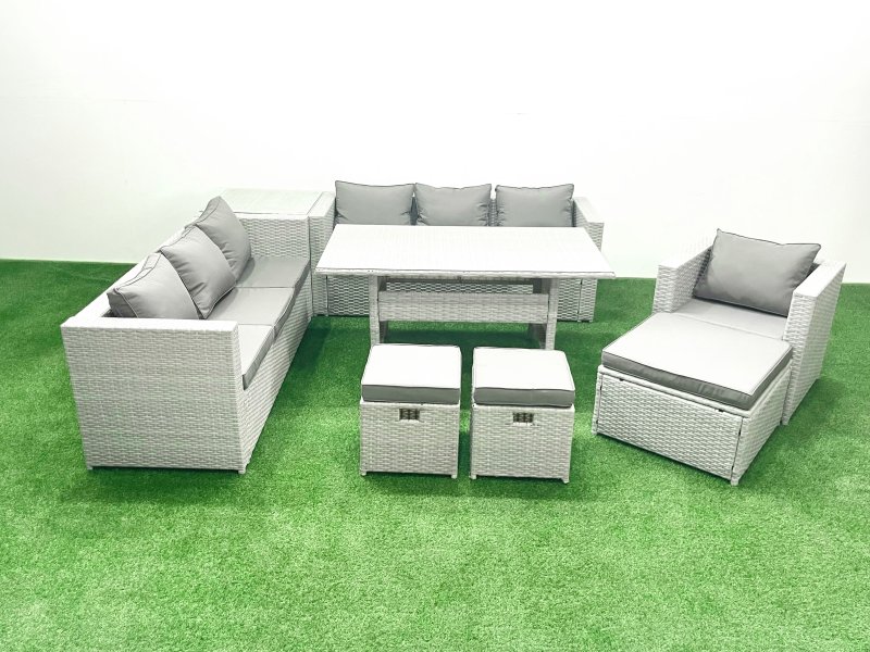 Fimous 8 Pieces Outdoor Rattan Sofa Set with Cushions Patio Garden Furniture Sets with Armchair Dining Table Side Table 3 Footstools