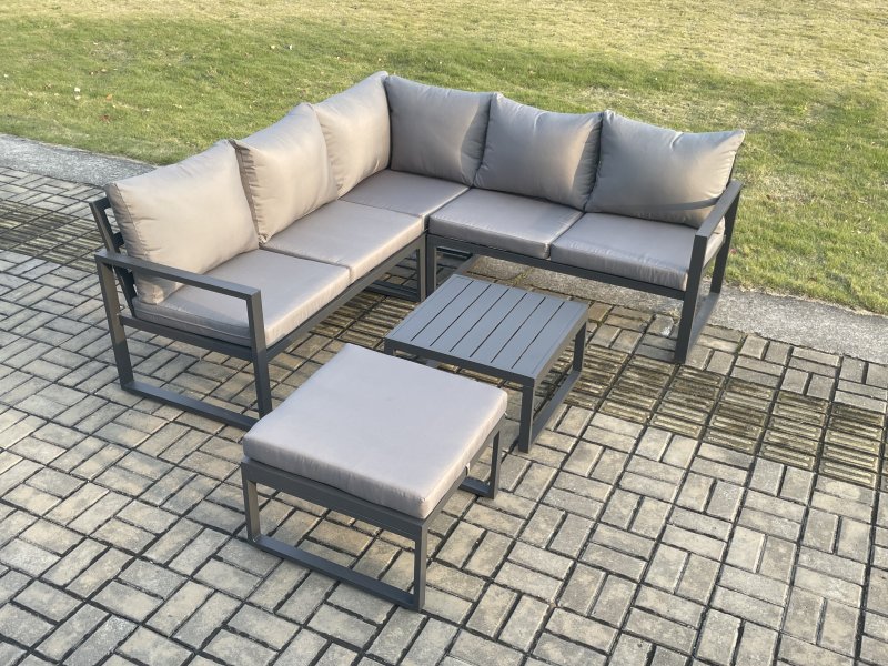 Fimous Outdoor Garden Furniture Set Aluminium Lounge Sofa Square Coffee Table Sets with Big Footstool Indoor Conservatory Set Dark Grey