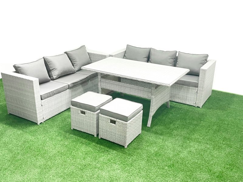 Fimous Rattan Garden Furniture Set 8 Seater Outdoor Sofa Set with Dining Table 2 Small Footstools Light Grey Mixed