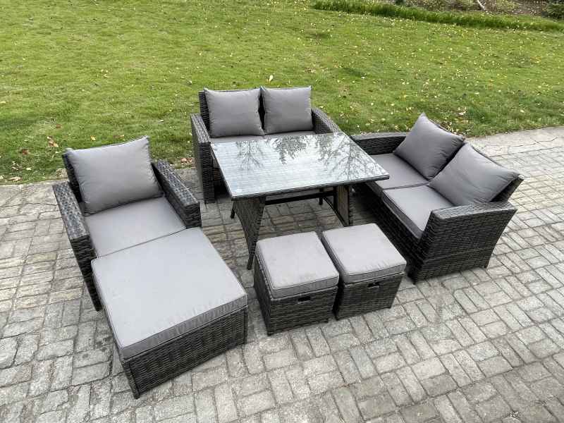 Fimous 8 Seater Garden Dining Set Wicker PE Rattan Outdoor Furniture Sofa with Rectangular Dining Table Double Seat Sofa Dark Grey Mixed