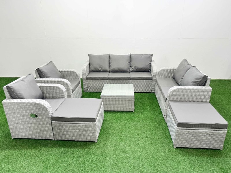 Fimous PE Rattan Garden Furniture Set Adjustable Chair Sofa Double Love Seat 2 Seater Sofa Lounge Set Square Coffee Table 2 Big Footstool Light Grey