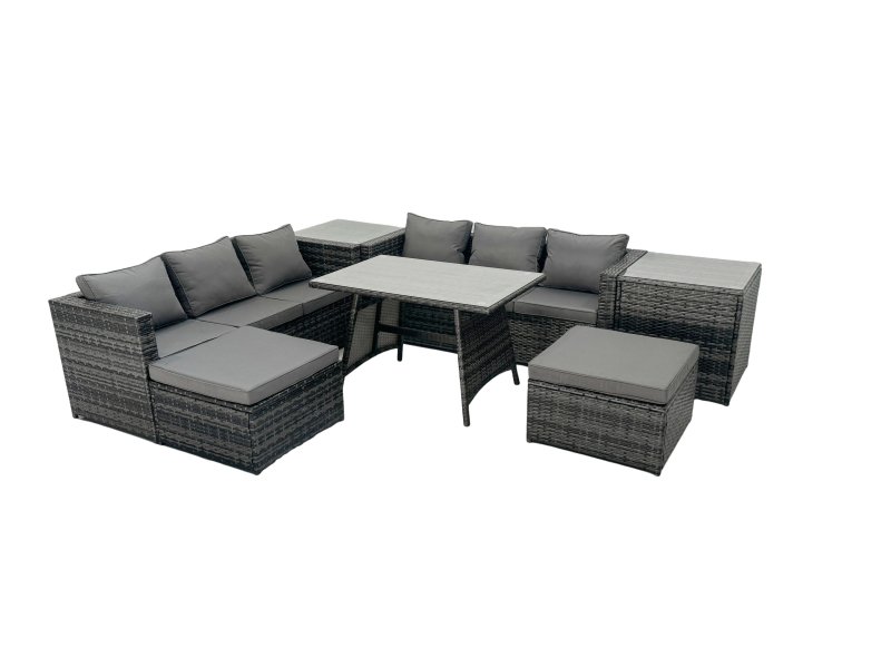 Fimous Rattan Dining Table Sofa Set with 2 Side Tables 2 Big Footstools Outdoor Garden Furniture Set Dark Grey Mixed