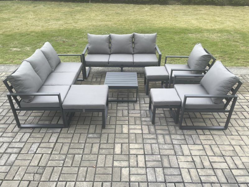 Fimous Aluminium Outdoor Garden Furniture Set Patio Lounge Sofa with Square Coffee Table 2 Armchairs 3 Footstools Dark Grey
