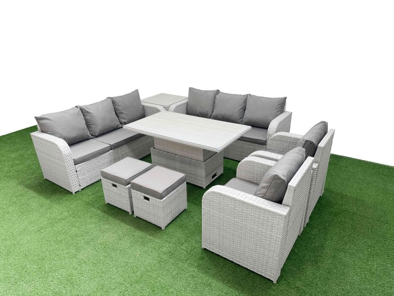Fimous PE Rattan High Back Lounge Sofa Set Patio Adjustable Lifting Dining or Coffee Table & Chairs Set with 3 Seater Sofa Reclining Chair Stools Side Table Light Grey