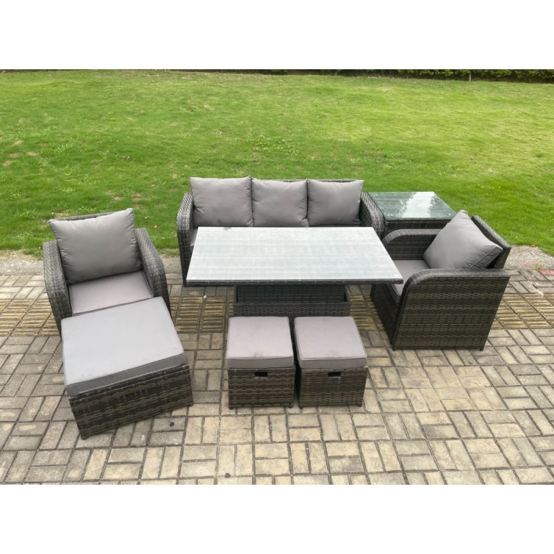 Fimous Outdoor Rattan Furniture Sofa Garden Dining Sets Height Adjustable Rising lifting Table and Chair Set With Side Table 3 Footstools