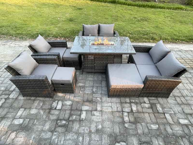 Fimous Outdoor Garden Furniture Sets 8 Pieces Wicker Rattan Furniture Gas Firepit Dining Table Sofa Set with 3 Footstools Dark Grey Mixed