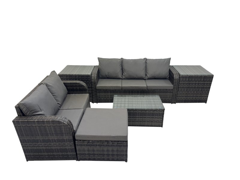 Fimous Outdoor Love Sofa 3 Seater Sofa Coffee Table Set Garden Rattan Furniture Set 6 Seater with 2 Side Tables Big Stool Dark Grey