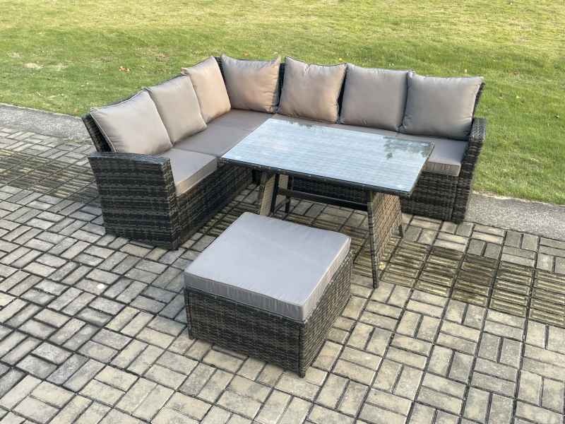 Fimous Outdoor Furniture Garden Dining Set Rattan Corner Sofa Set with Rectangular Dining Table Big Footstool Dark Grey Mixed