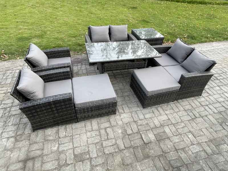 Fimous Garden Furniture Sets 8 Pieces Rattan Furniture Handmade Wicker Patio Sofa Set with 2 Big Footstool Side Table Dark Grey Mixed