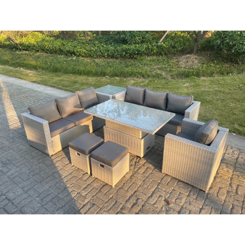 Fimous Rattan Garden Funiture Set Height Adjustable Rising Lifting Table Sofa Dining Set Side Coffee Tea Table Chair Stool