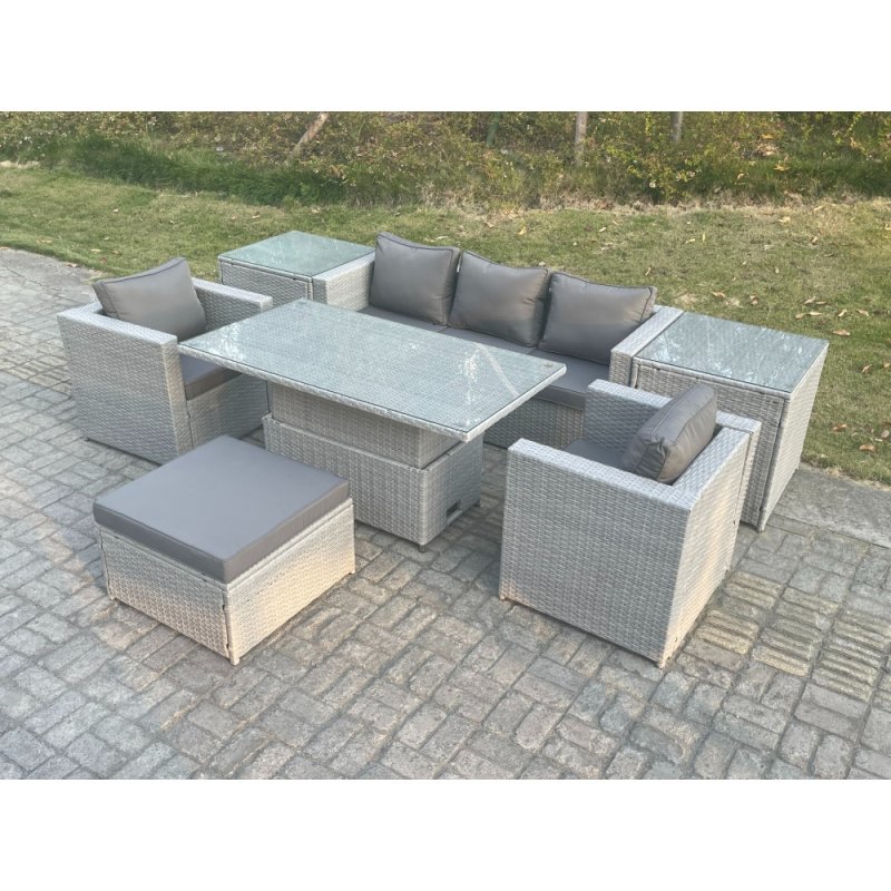 Fimous Rattan Garden Funiture Set Adjustable Rising Lifting Table Sofa Dining Set With 2 Arm Chair 2 Side Table Footstool