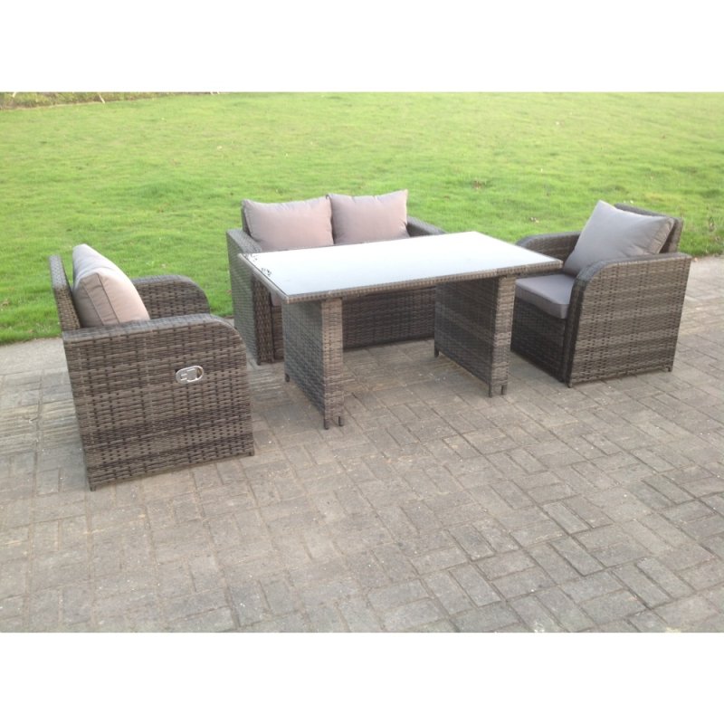 Fimous Rattan Garden Furniture Set Adjustable Chair Double Love Seat 2 Seater Sofa Oblong Rectangular Black Glass Dining Table