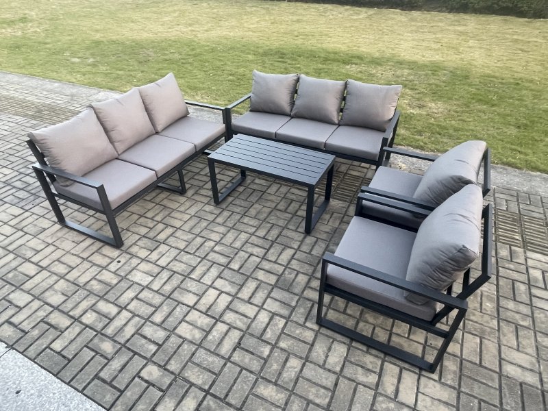 Fimous Aluminium 5 Pieces Garden Furniture Set with Cushions 8 Seater Outdoor Patio Lounge Sofa Set with 2 Armchairs Dark Grey