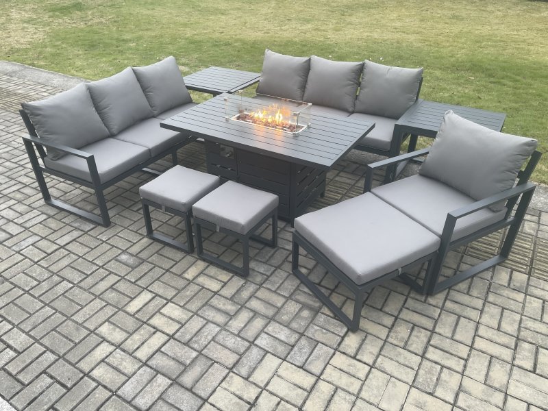 Fimous Aluminium 9 Pieces Garden Furniture Sofa Set with Cushions 10 Seater Gas Fire Pit Dining Table Set with 2 Side Tables 3 Footstools Dark Grey