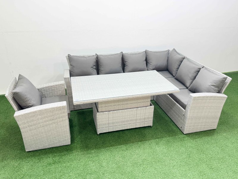 Fimous 7 Seat Rattan Garden Furniture Corner Sofa Set Outdoor Adjustable Lifting Dining or Coffee Table Set with Armchair Light Grey