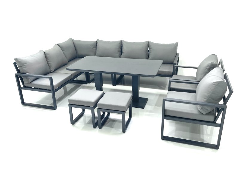 Fimous Aluminum Outdoor Garden Furniture Set Corner Sofa 2 Chair 2 Small Footstool Adjustable Rising Lifting Dining Table Sets Dark Grey