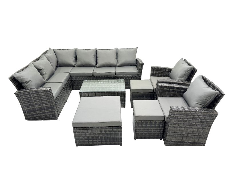 Fimous 11 Seat Rattan High Back Corner Sofa Set Patio Coffee Table Sets with 3 Stools Chair Dark Grey Mixed