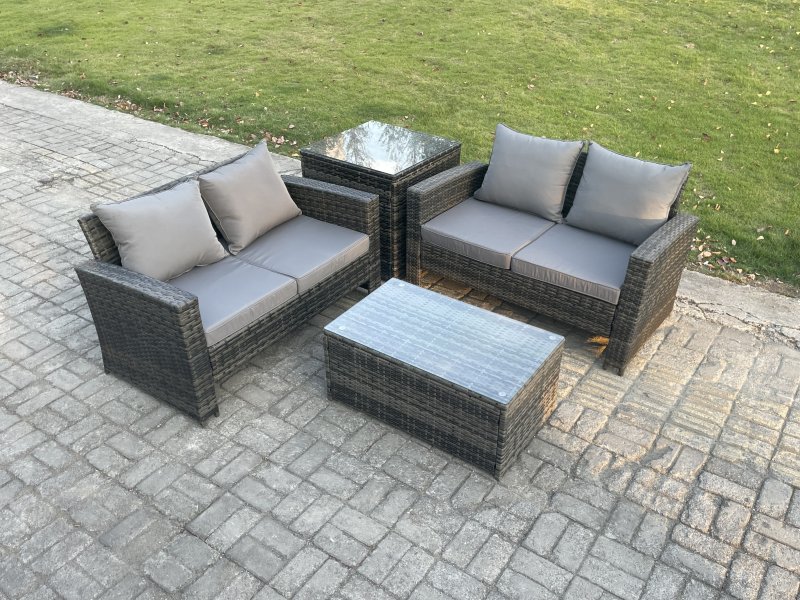 Fimous Wicker Rattan Garden Furniture Sofa Set with Rectangular Coffee Table Double Seat Sofa Side Table Outdoor Rattan Set Dark Grey Mixed
