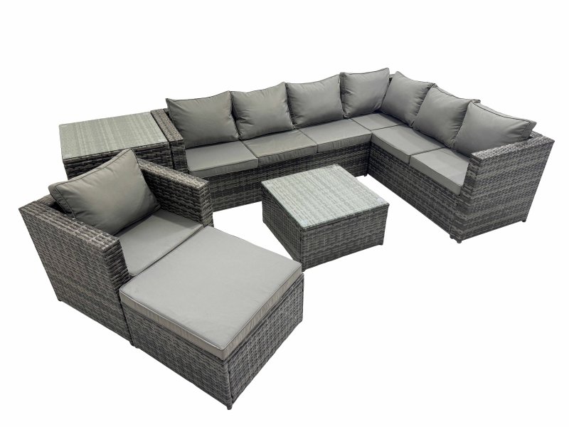 Fimous Outdoor PE Rattan Garden Furniture Sofa Set with Square Coffee Table Chair Big Stool Side Table Dark Grey