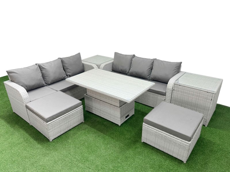 Fimous Outdoor Garden Furniture Sets 8 Seater Wicker Rattan Furniture Sofa Sets with Adjustable Lifting Dining or Coffee Table high Back Lounge Sofa 2 Big Footstool 2 Side Table Light Grey