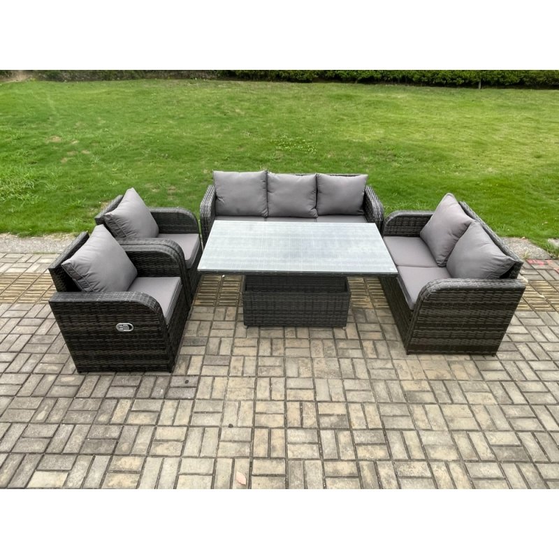 Fimous Rattan Outdoor Garden Furniture Sets Height Adjustable Rising lifting Dining Table Reclining Chair Sofa Set Dark Grey Mixed