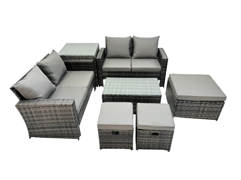 Fimous PE Rattan Garden Furniture Set Lounge Double Seat Sofa Coffee Table Set with Side Table 3 Stools Dark Grey MixedMixed
